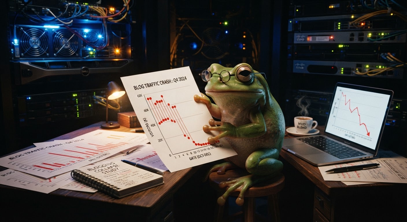 A frog studying a chart showing the blogging collapse — 100 points, 85% down