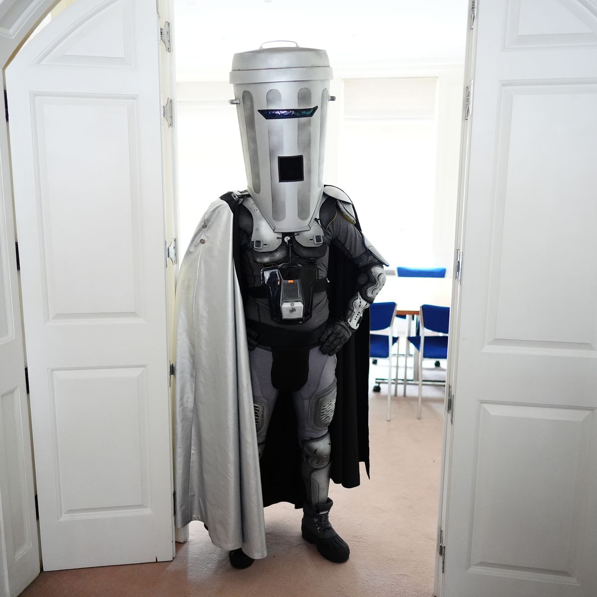 Count Binface in his signature bin helmet at a campaign event