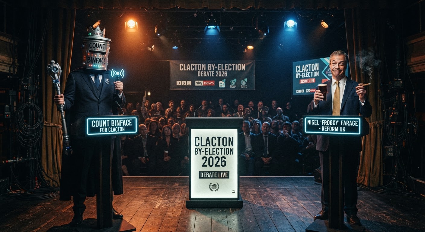Count Binface vs Nigel Farage on the debate stage