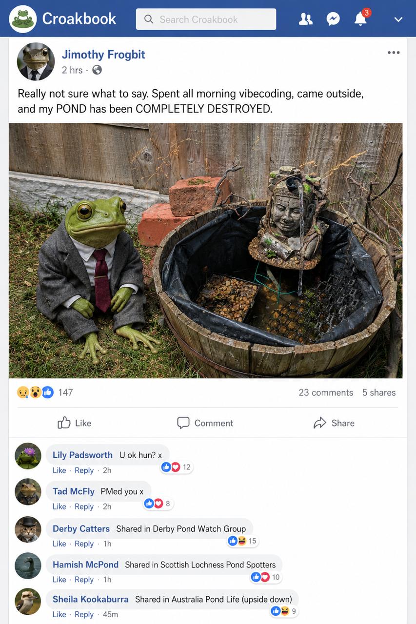 Croakbook post about the pond sabotage by Jimothy Frogbit