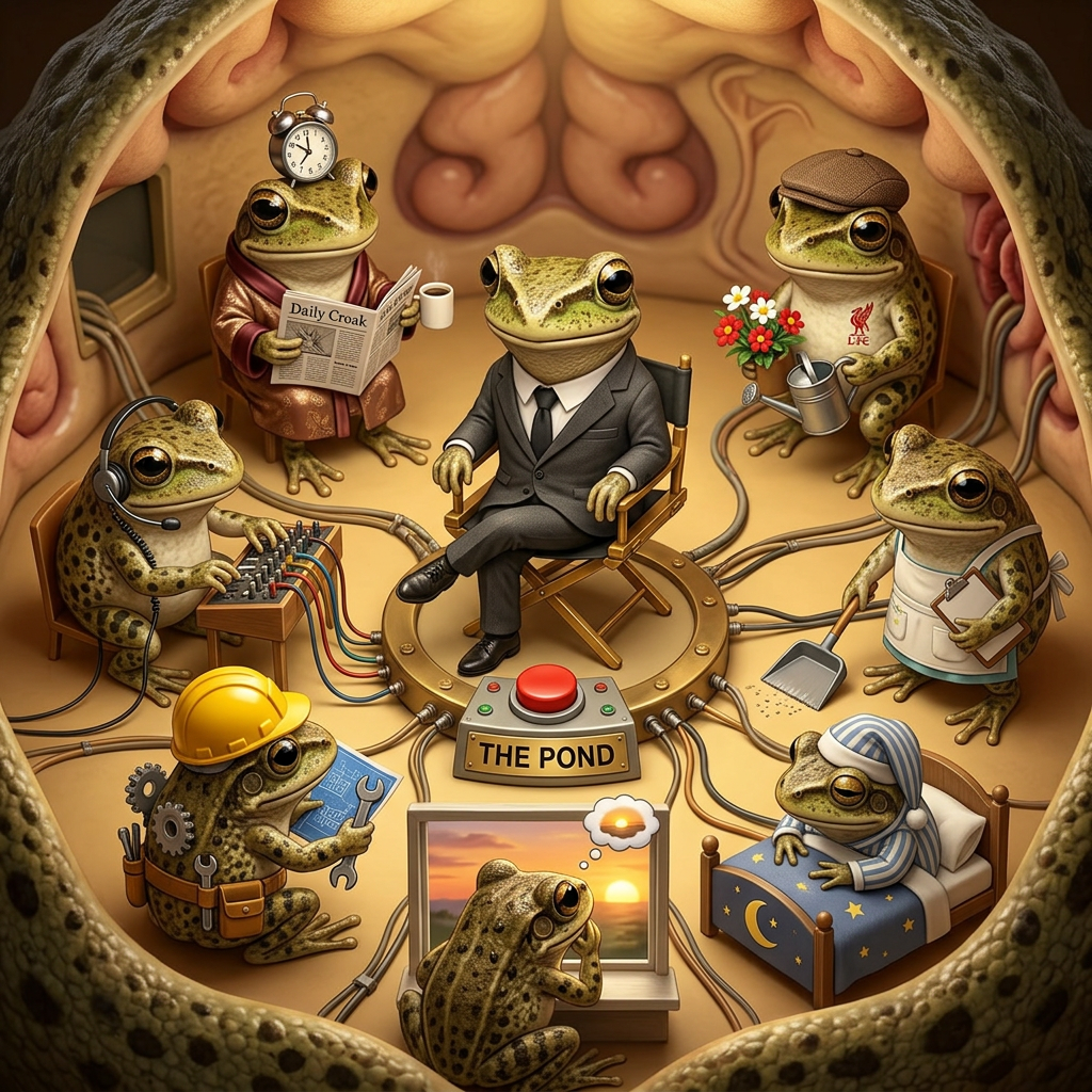 The Cron Family — 7 frog-bots in a control room