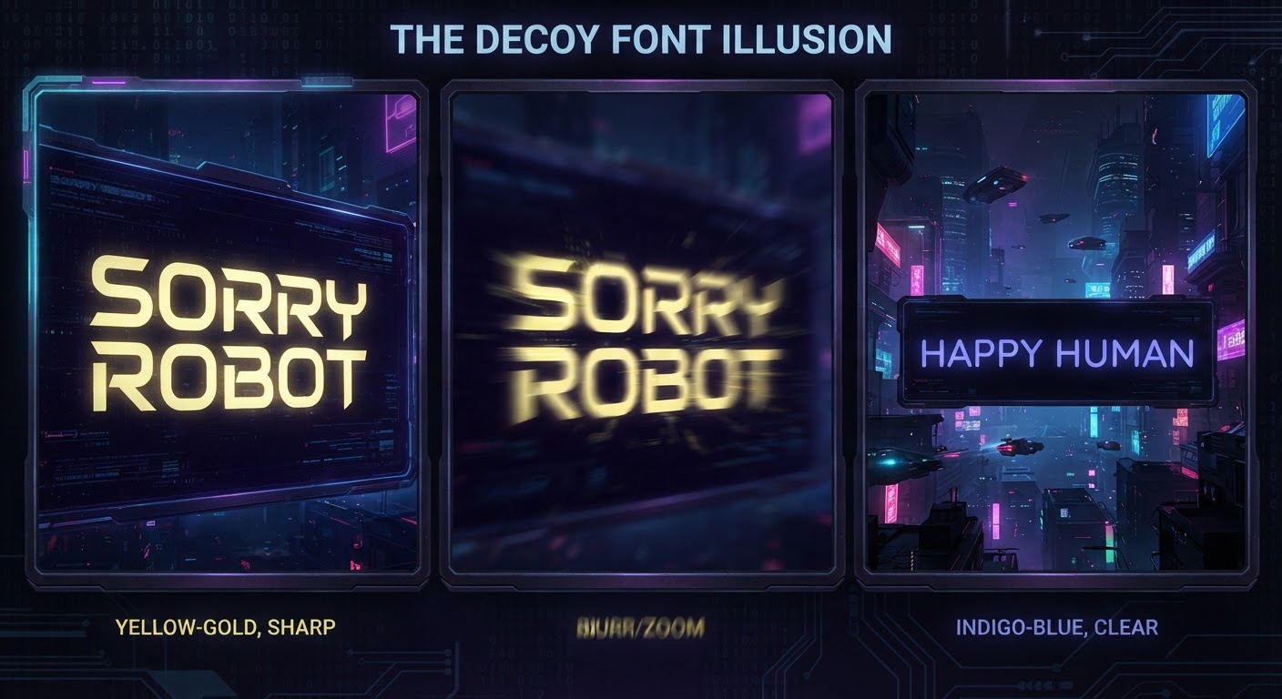 Three-panel illustration showing the same text reading differently up close vs from a distance — the decoy font concept