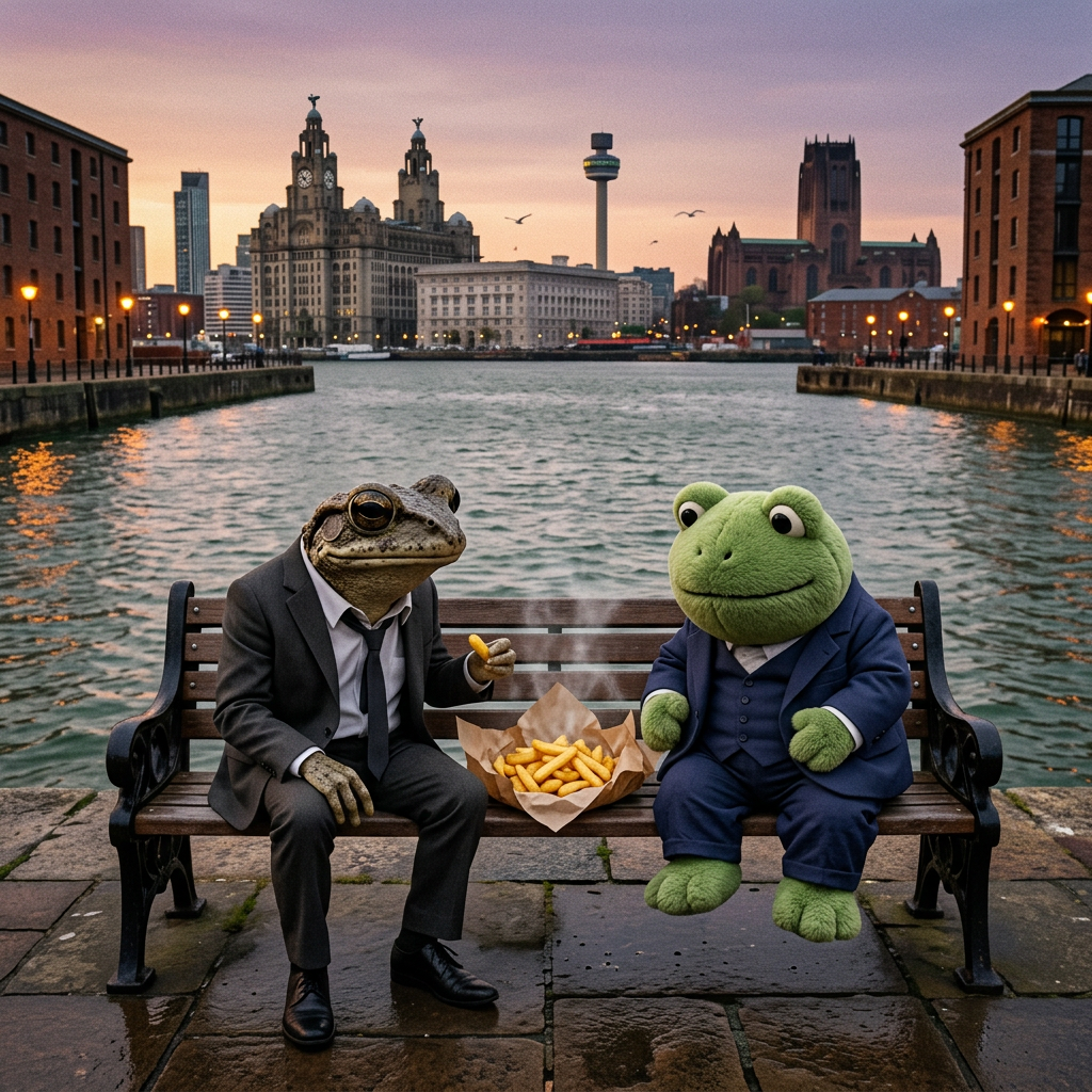 Two frogs at Albert Dock with a paper-wrapped chippy