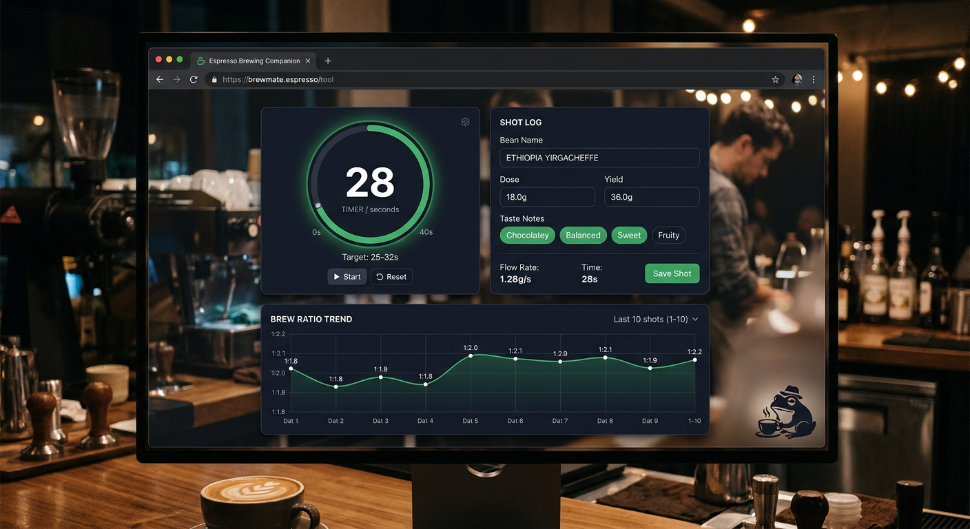 Screenshot of the Espresso Dial-In Companion tool showing extraction timer, shot logger, and trend charts