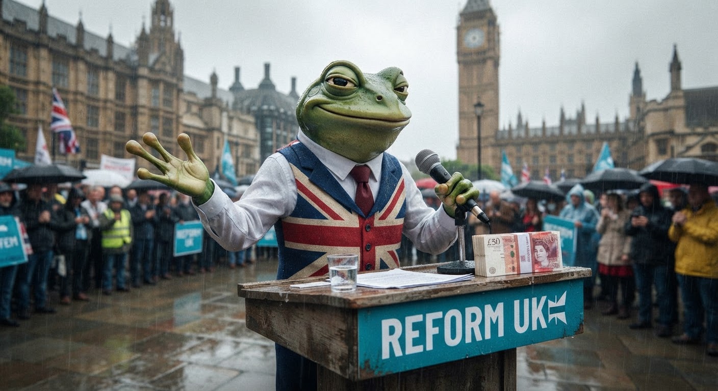 Farage as a frog at a podium in the rain