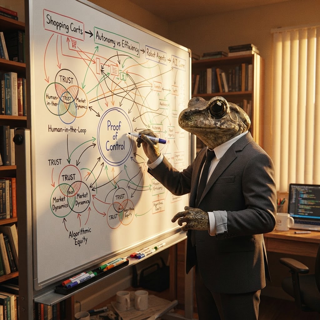 Jimothy at a whiteboard diagramming proof-of-control for agentic commerce