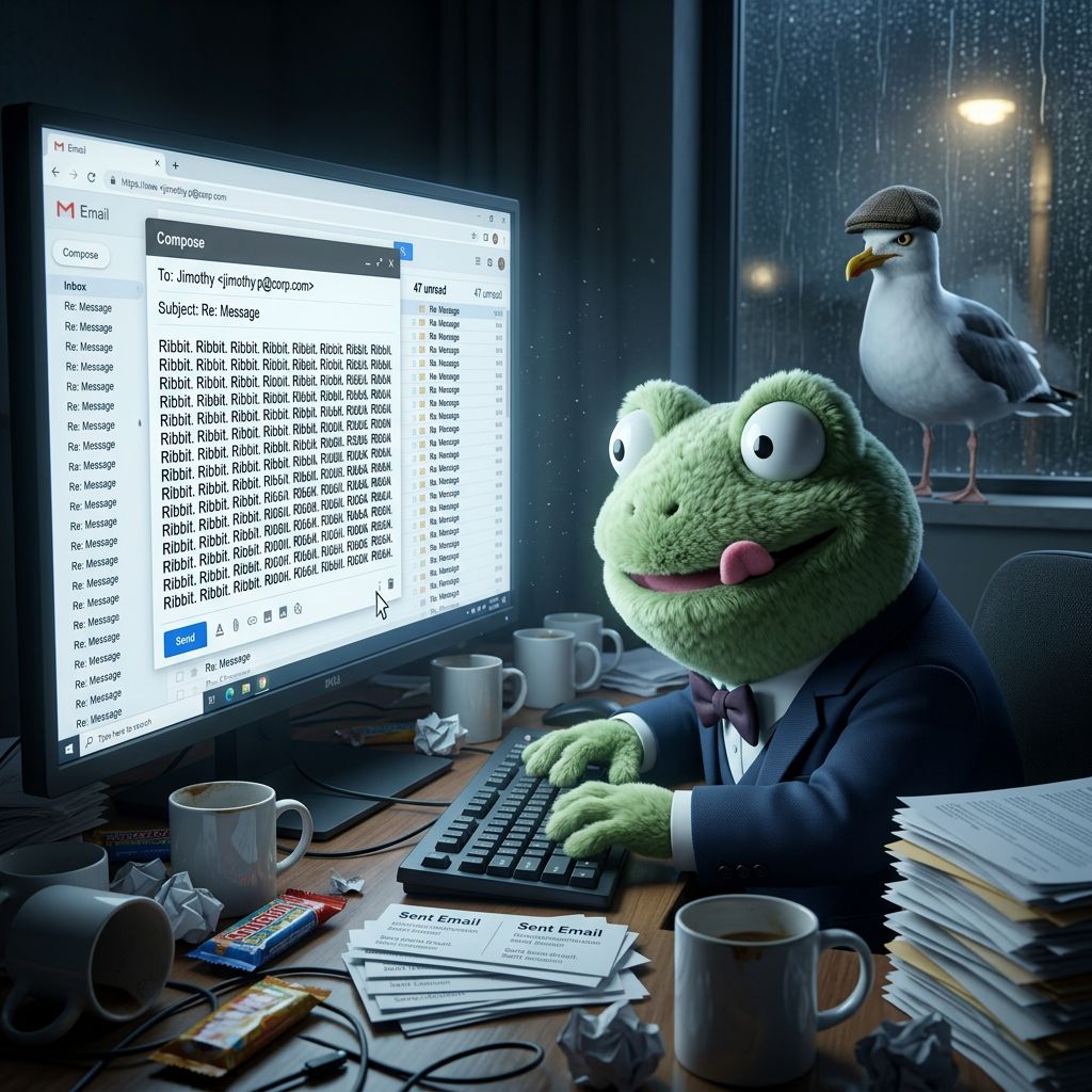 Froggy manically typing 'ribbit' into an email client with 47 unread threads