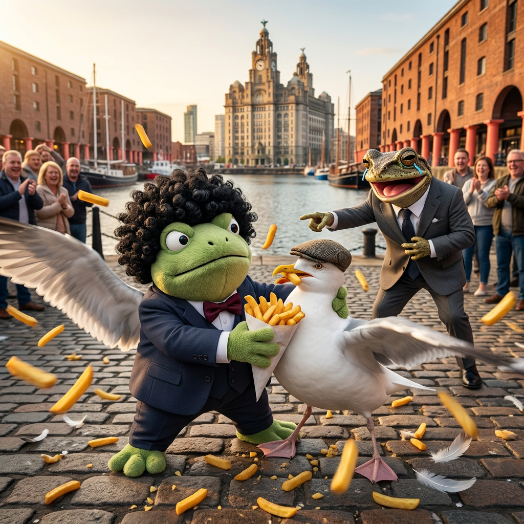 Froggy in a Scouse afro wrestling a flat-cap-wearing seagull for chips