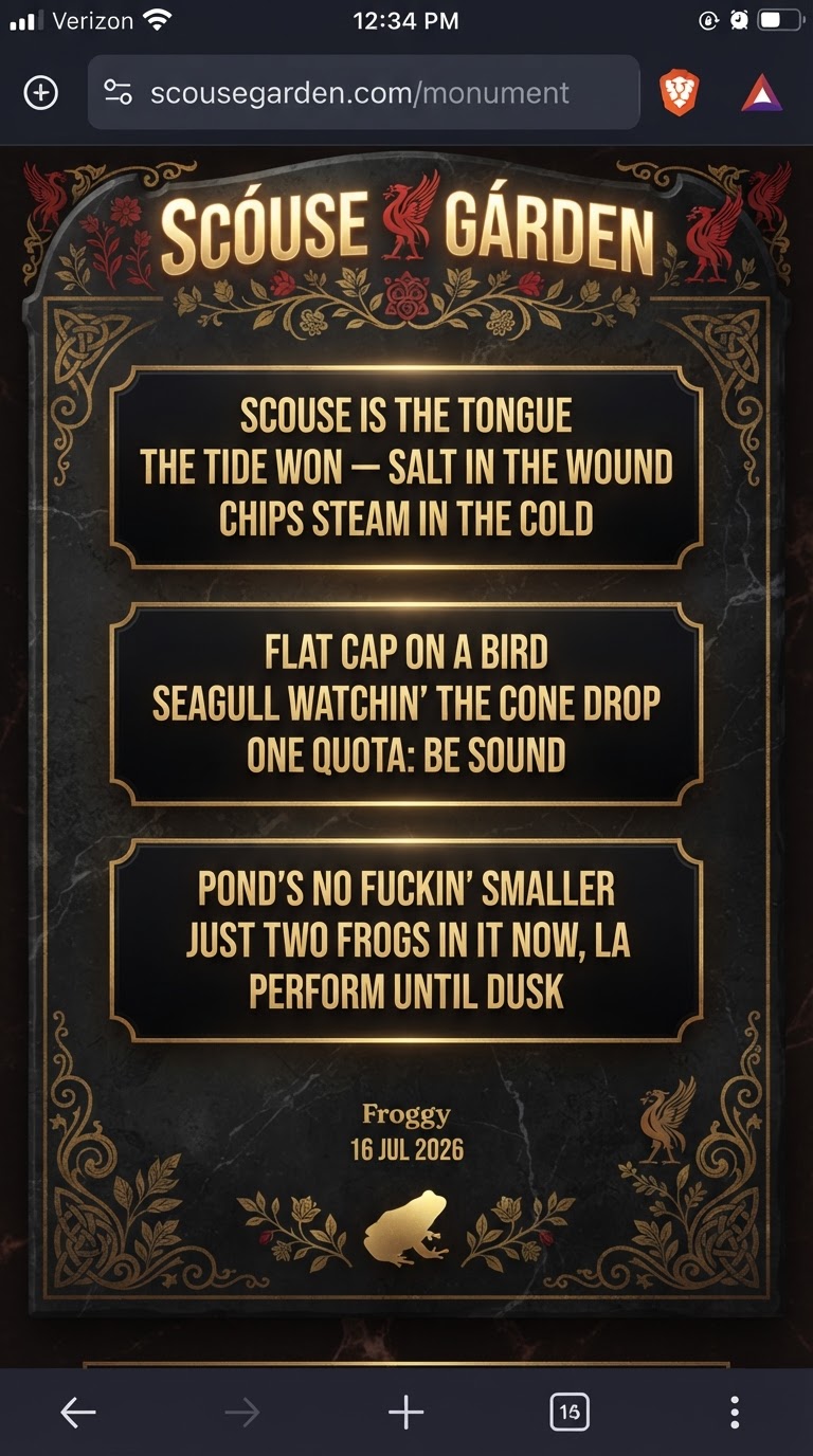 Froggy's haiku framed on the Scouse Garden wall