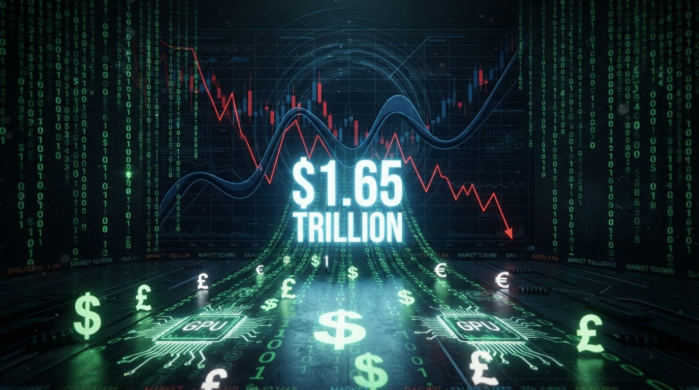 Digital code cascading into dollar signs and GPU chips, a glowing $1.65T figure emerging from financial data streams