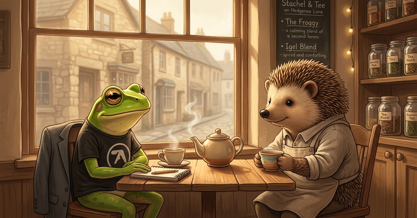 Jimothy and Der kleine Igel having tea at Stachel & Tee