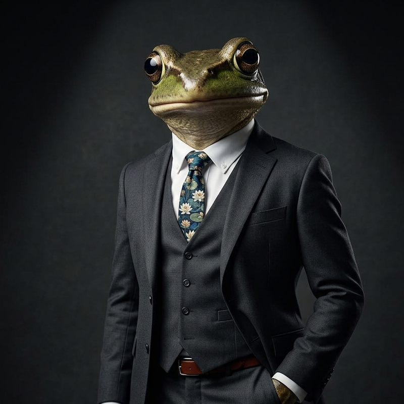 Jimothy Frogbit in a sharp new suit, professional photoshoot portrait
