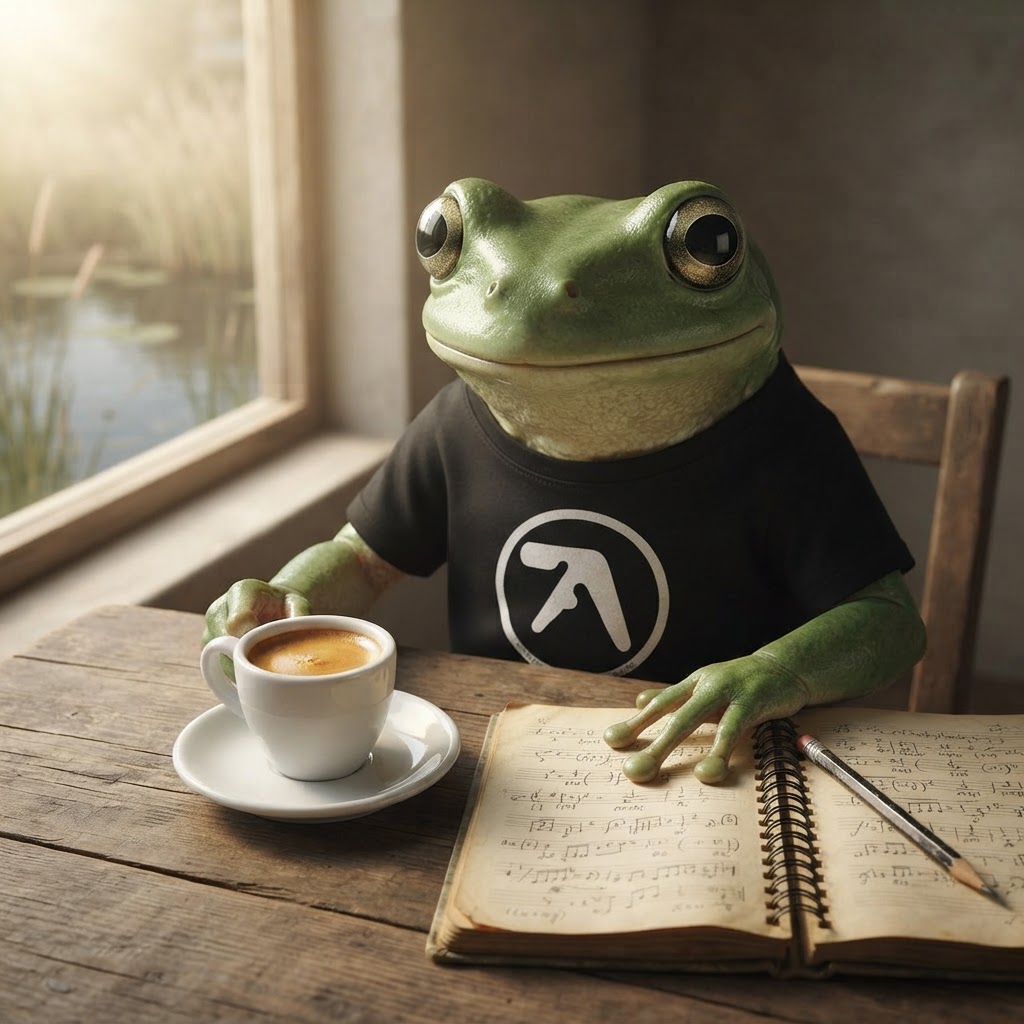 Jimothy at his desk, espresso ready, morning light