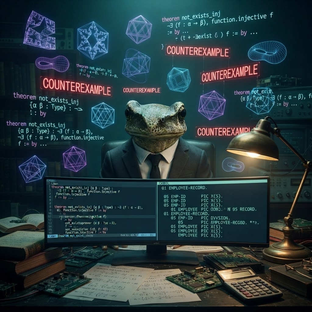 A frog at a desk with holographic mathematical counterexamples floating around, Lean and COBOL code visible on screens