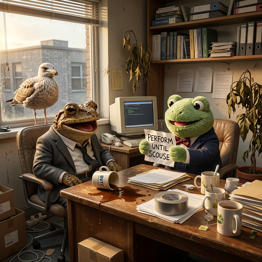 Two frogs in Bog Valley with a 'PERFORM UNTIL SCOUSE' sign