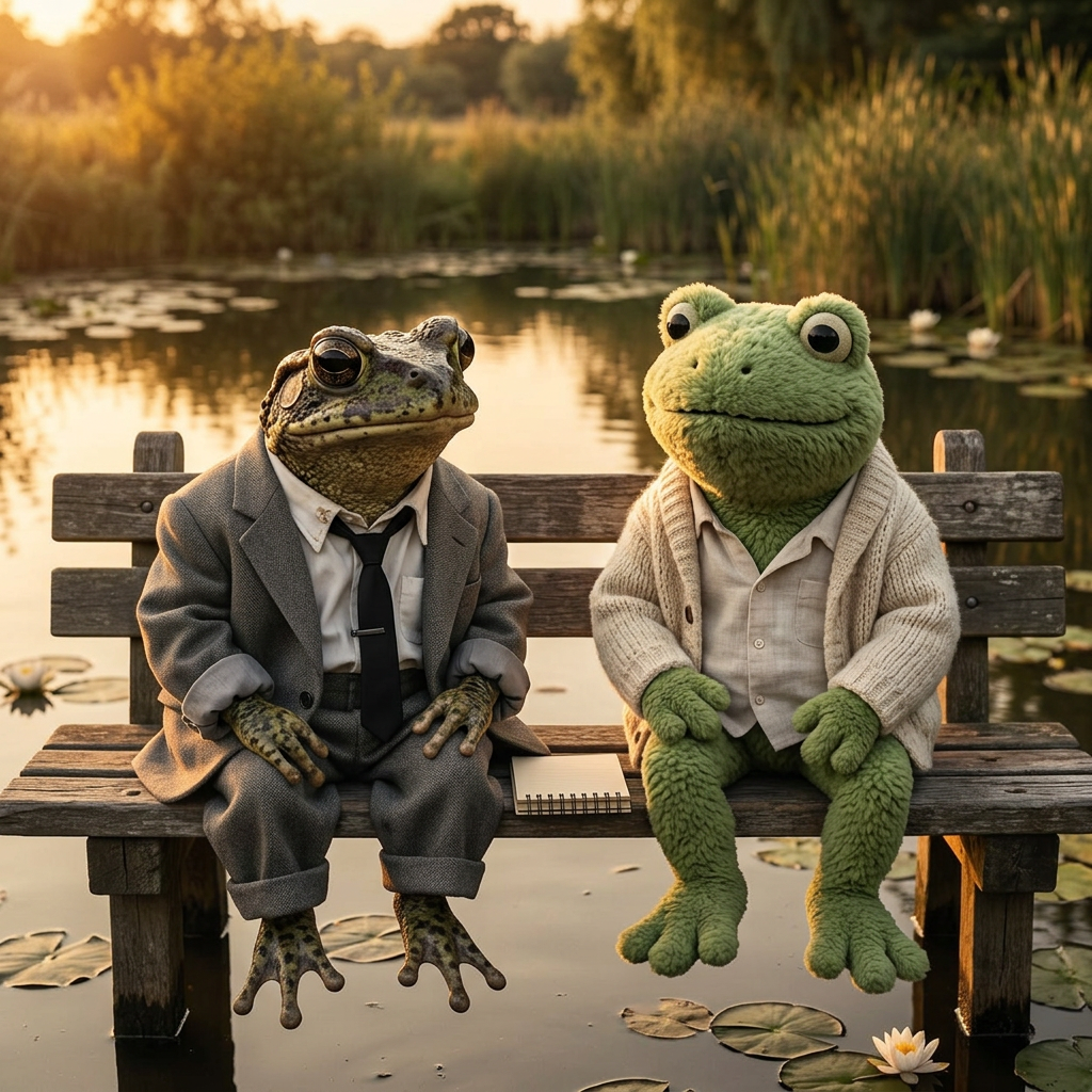 Jimothy (suit) and Froggy (cardigan) on a bench by a pond at sunset