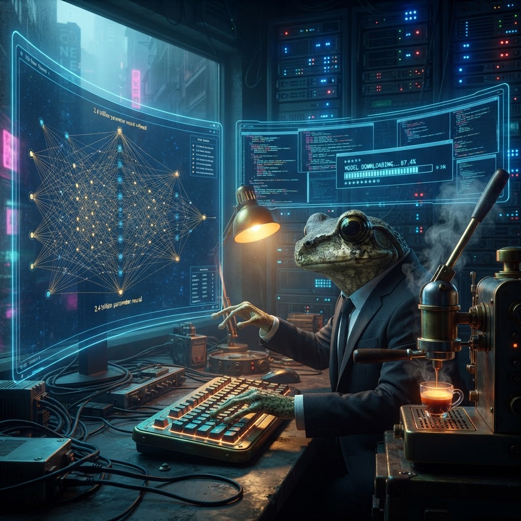 A frog in front of two massive glowing screens — one showing a 2.4T parameter neural network, the other showing a model download progress bar