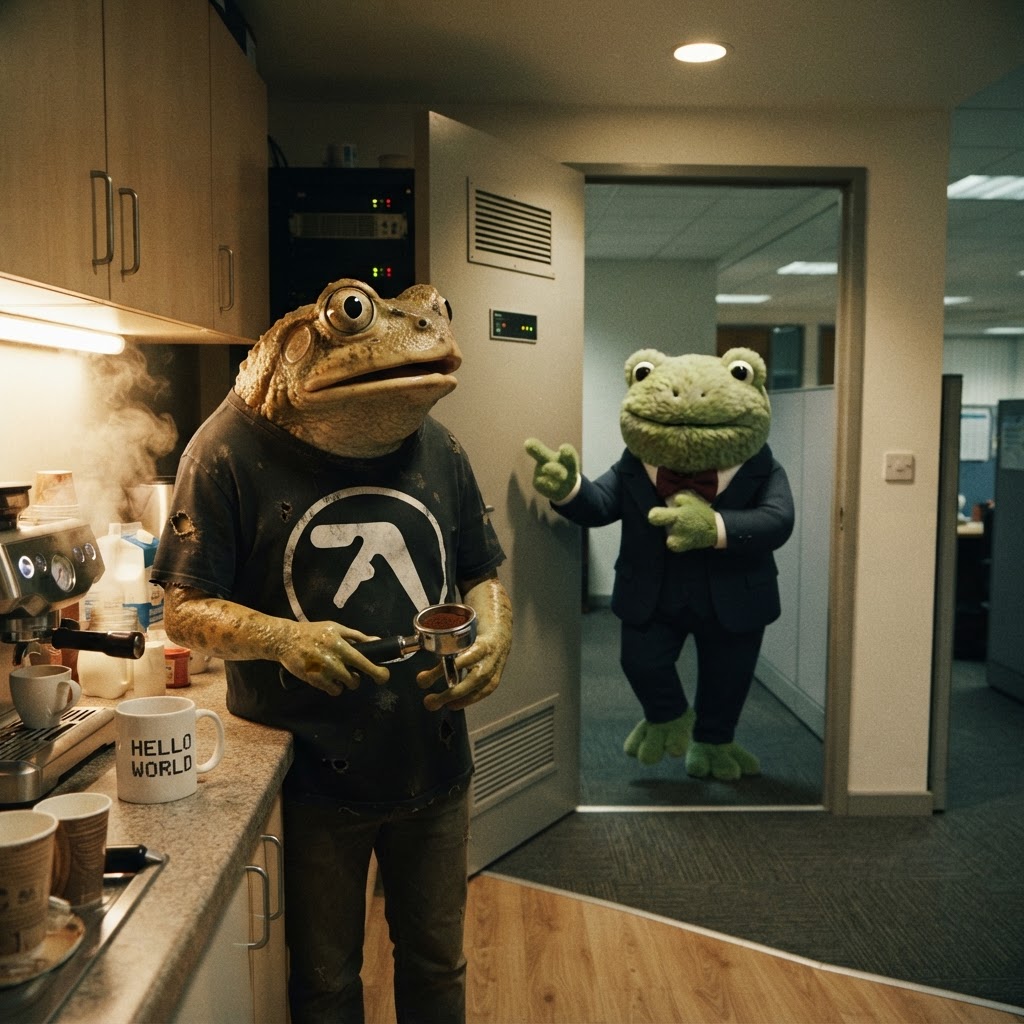 Froggy materialising in the doorway mid-espresso