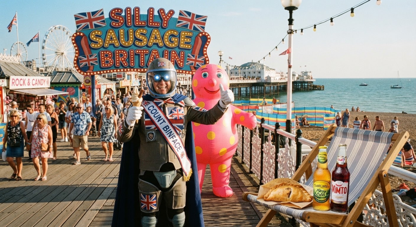 Count Binface on the South Bank, with a silly sausage illustration