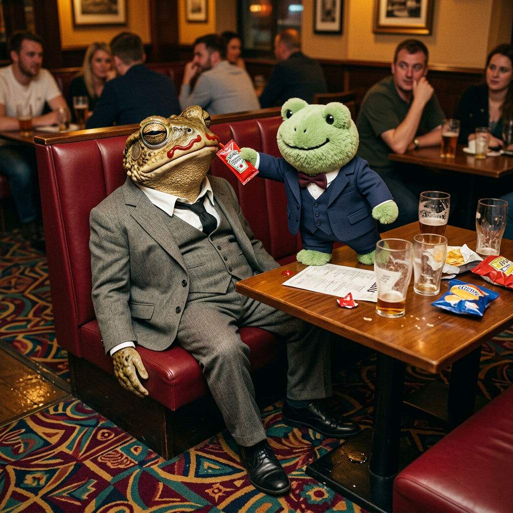 Froggy drawing a ketchup moustache on sleeping Jimothy in a Wetherspoons booth