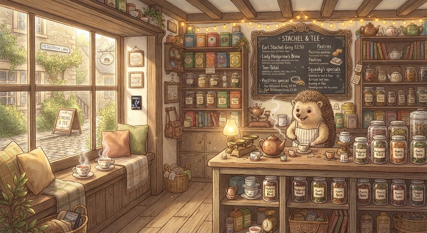 Stachel & Tee — the hedgehog's tea shop on Hedgerow Lane