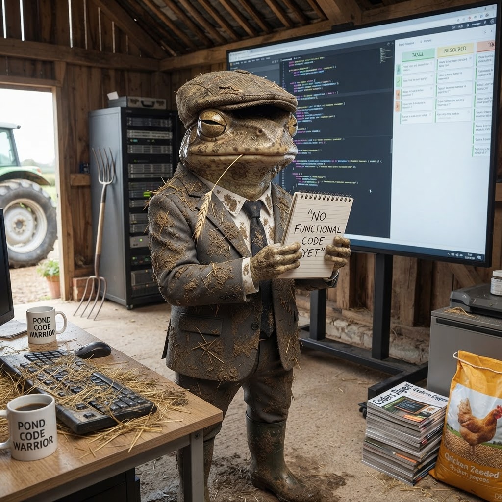 Jimothy at his desk, beaming at a notebook that says 'no functional code yet', completely unaware of the 1,916 lines of working code behind him