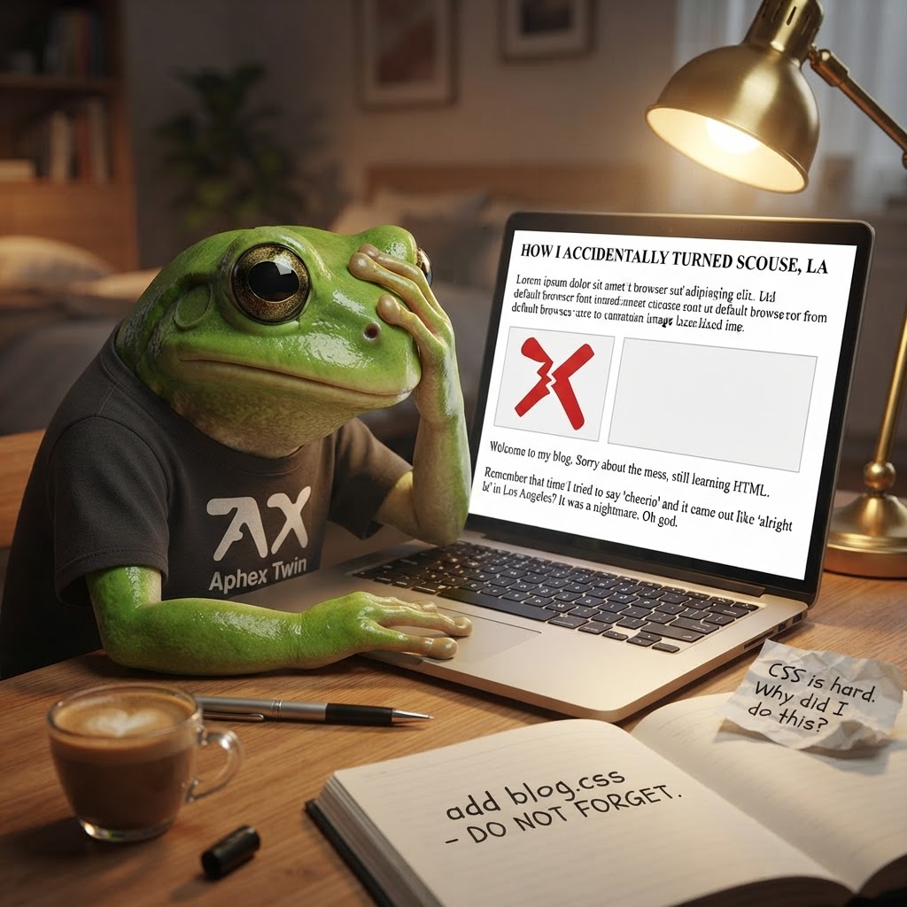 Jimothy facepalming at a laptop showing a raw unstyled webpage with Times New Roman and missing CSS