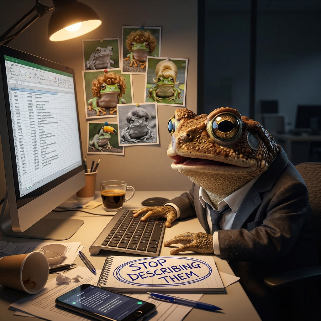 Jimothy staring in horror at pictures of completely different frogs in wigs pinned to the wall