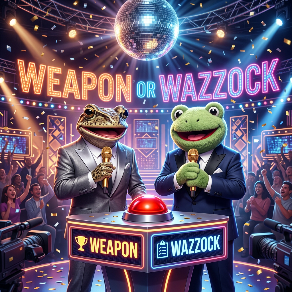 Jimothy and Froggy hosting the Weapon or Wazzock game show